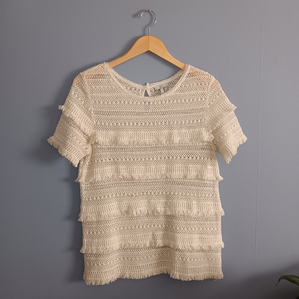 Joie Rafel Ivory Crochet Knit Boho Fringe Top Size Medium